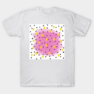 Abstract yellow hearts in blue watercolour brushes and black dots around T-Shirt